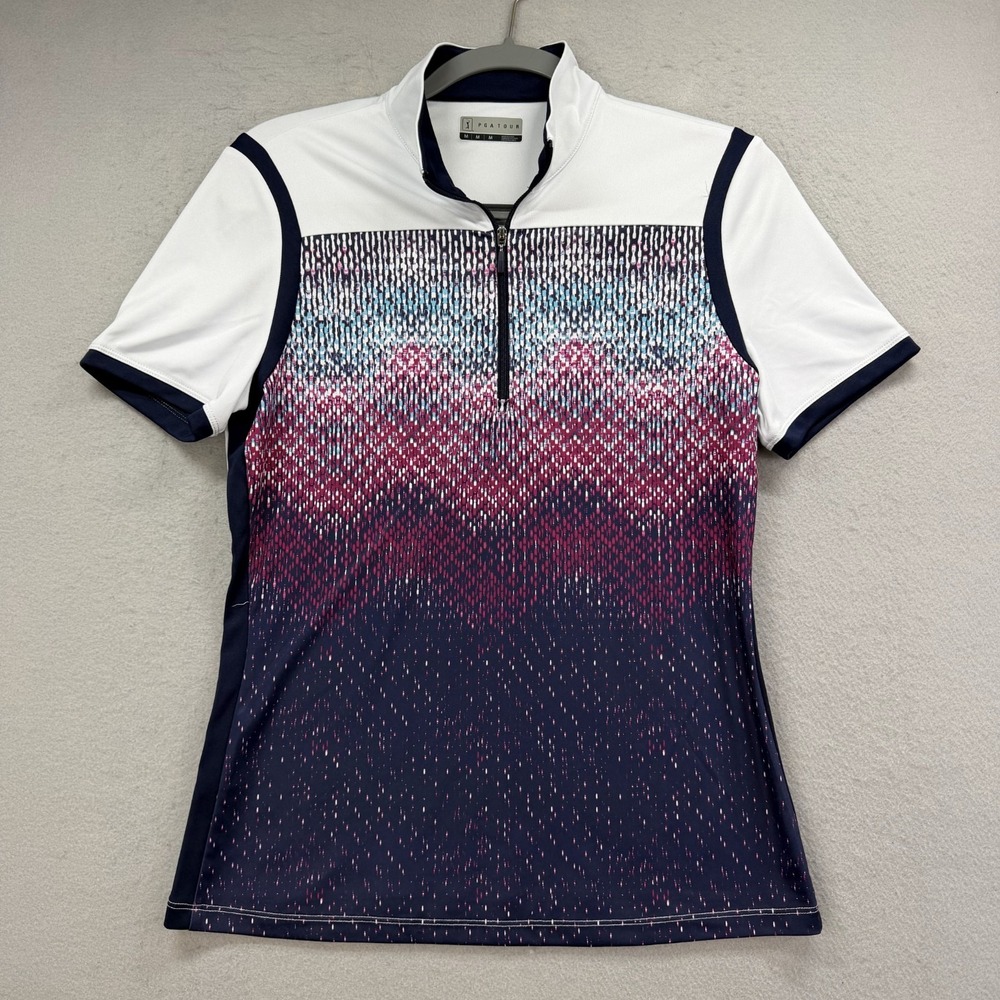 PGA‎ Tour Women's White Shirt Medium Golf Polo 1/4 Zip Short Sleeve Geometric